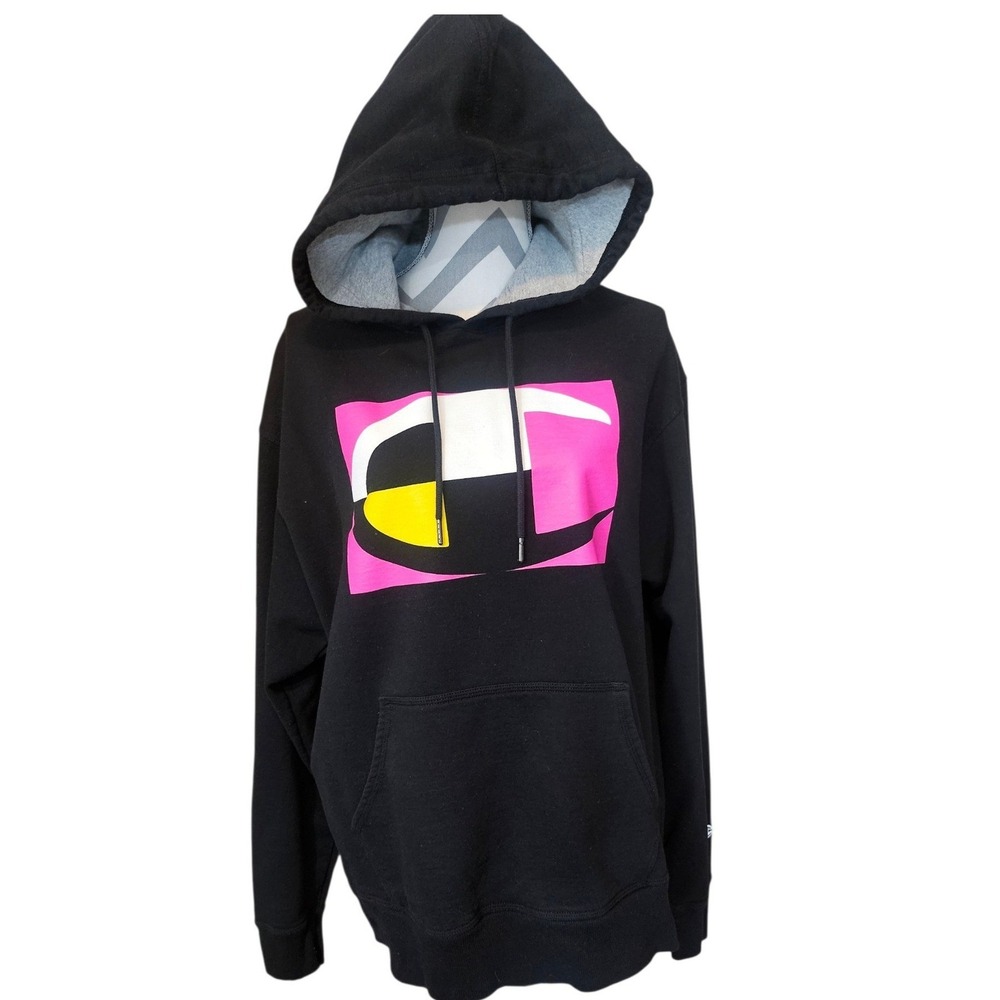 Champion Mens Hoodie Black Large Pink Yellow Graphic Logo Pullover Sweatshirt